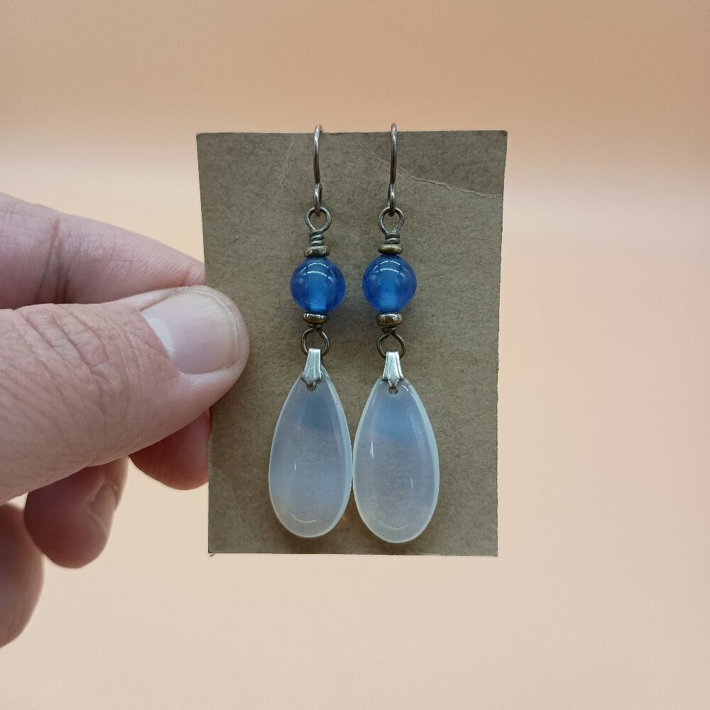 Vintage Glass Beaded Earrings Blue Opalescent 90s Y2K Dangle Drop Hippie Witchy